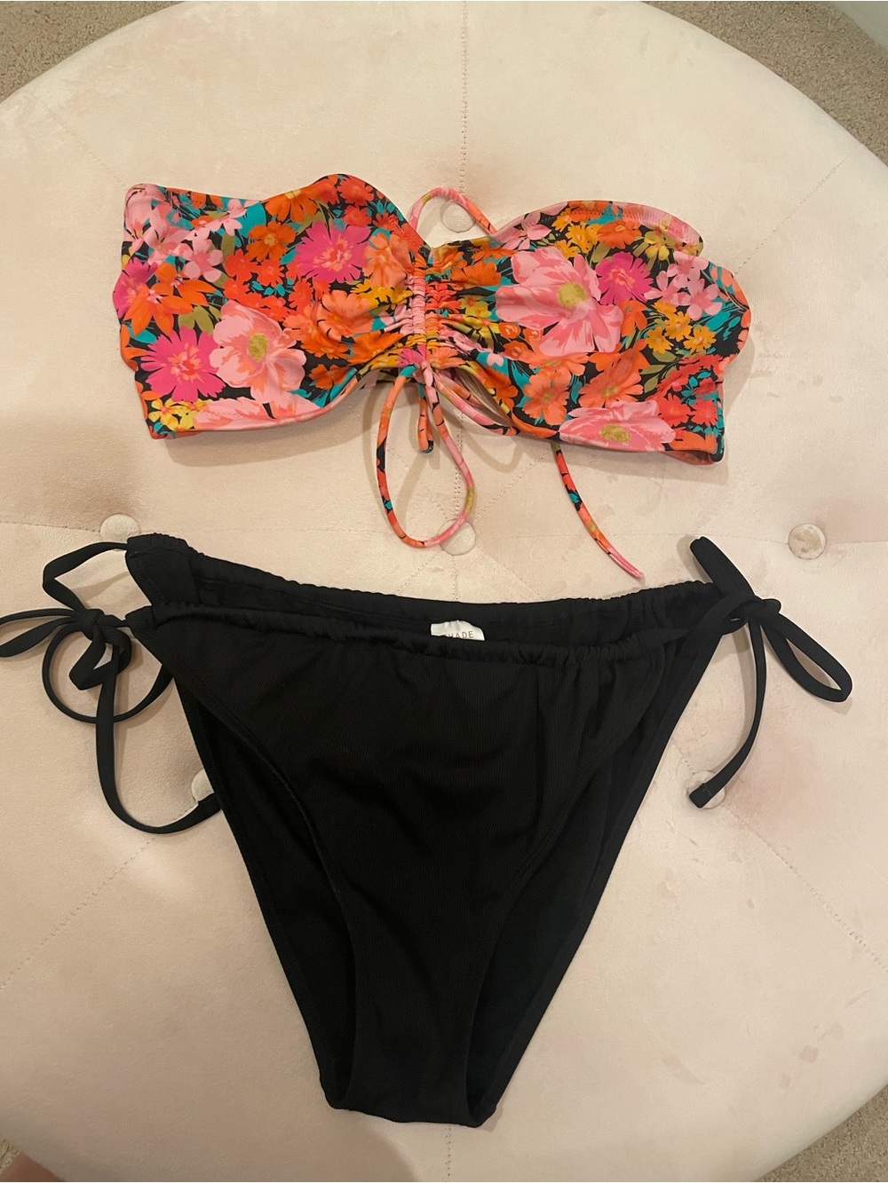 Shade & Shore Pink Orange Floral Bandeau Top with Black Tie-Side Bottoms